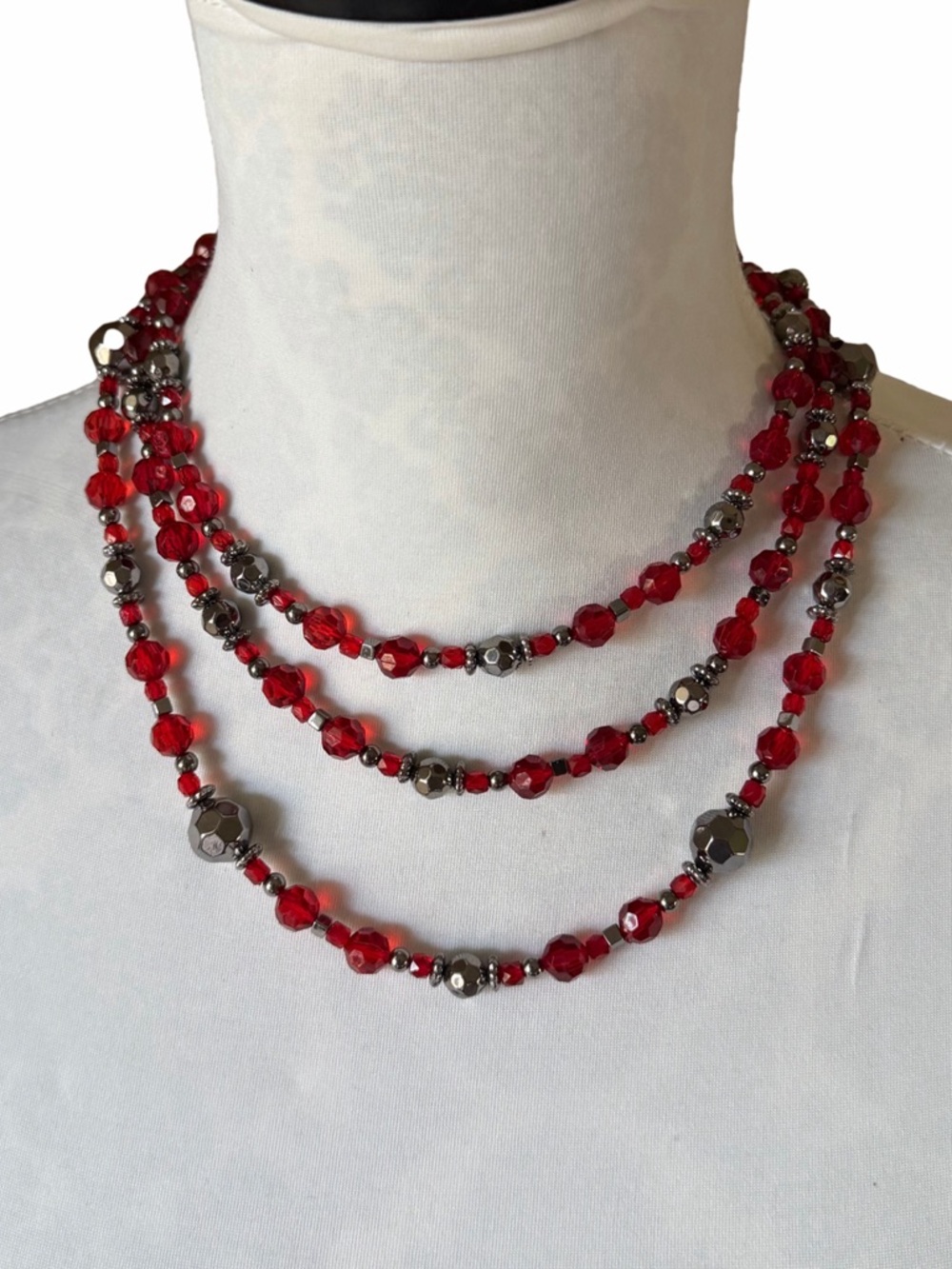 Cookie Lee Red Lucite & Gunmetal Beaded Necklace | Multi Strand Statement